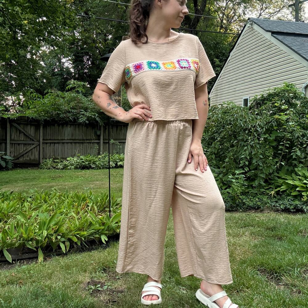 XL Mushroom Beige Two Piece Top & Bottom Set Crochet Light Boho Relax Lounge